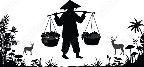 Traditional farmer carrying baskets with shoulder pole, rural Asian silhouette, agriculture and nature scene, deer and foliage cultural artwork illustration