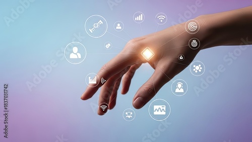 Hand with glowing biohacking implant and holographic interface of medical and social icons