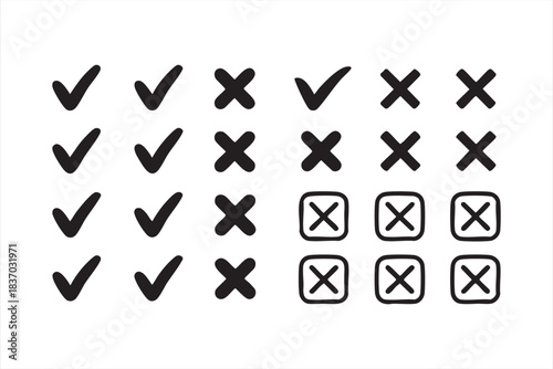 Checkmark and X symbol set for approval, rejection, and interface status cues