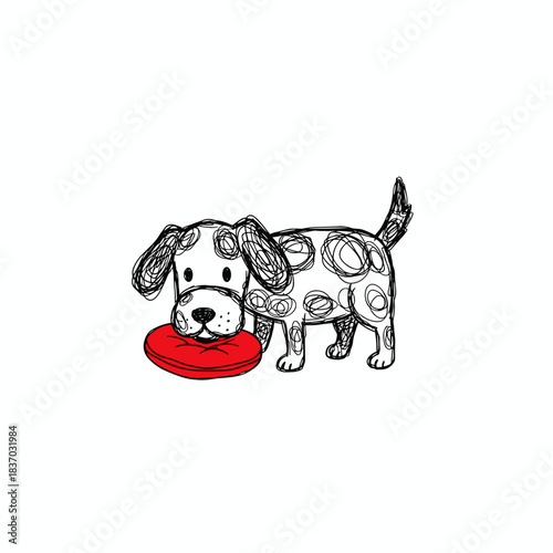 Playful cartoon dog with a red frisbee and spotted fur  