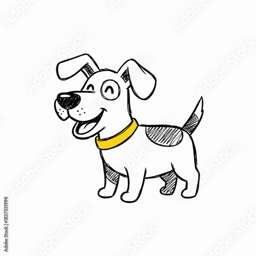 Cartoon dog smiling with a yellow collar and playful expression  