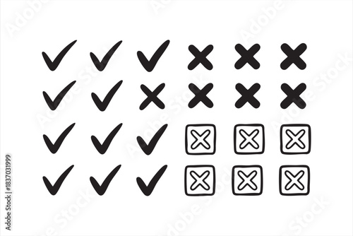 Simple decision symbols with tick and cross marks for UI components