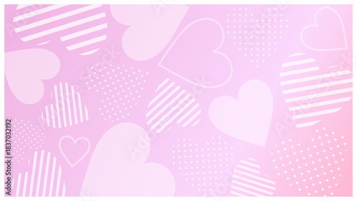 ピンクの光沢グラデーションに半透明ハートを散りばめた可愛い背景素材｜ドット柄・ストライプ柄入り