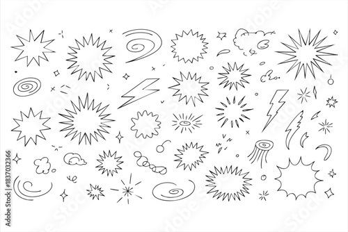 Expressive starburst doodles with swirls, sparks, and explosive elements