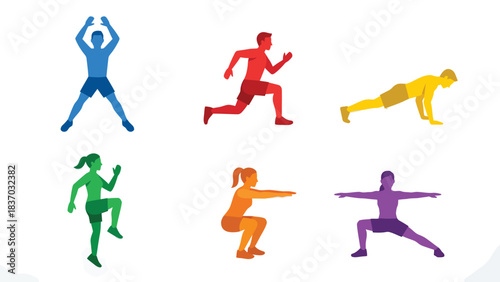 Diverse Fitness Icons People Performing Various Exercises for Health and Wellness Concepts