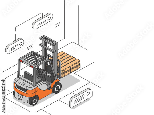 Forklift loads pallet with Smart Lift technology. Modern warehouse setting. Clean, professional illustration. Focus on automation and logistics.