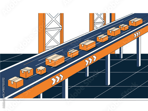A conveyor belt swiftly sorts boxes, showcasing efficient logistics. Bright orange accents highlight the speed and organization of the warehouse operation. Modern, dynamic visual.