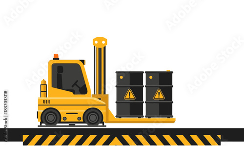 A forklift transports hazardous drums on a marked track.  Clear, professional illustration.  Ideal for safety and logistics themes.