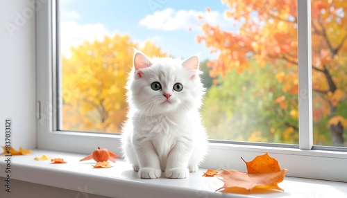 Adorable, fluffy, white kitten sits on a windowsill with autumn leaves scattered around, bright window background