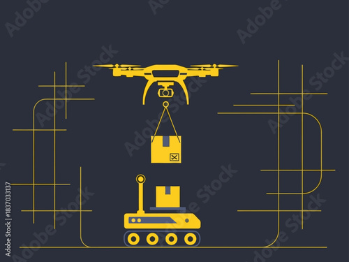 A drone delivers a package to a ground-based robot. Modern, minimalist design with a dark background and bold yellow accents. Ideal for technology and logistics visuals.