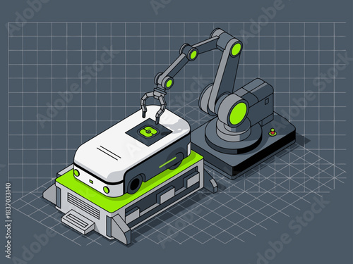 A futuristic robotic arm performs self-repair on a complex, modular device. Isometric illustration with a grid background. Modern, technological, and visually striking.
