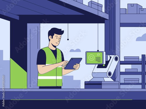 A man remotely controls a robotic arm in a warehouse. He uses a tablet, showcasing automation and modern logistics. Clean, professional illustration.
