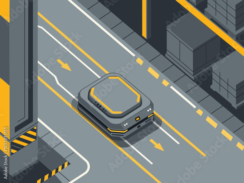 Isometric illustration of a futuristic autonomous robot navigating a city street. Clean lines, vibrant yellow accents, and a modern urban setting. Ideal for technology and innovation themes.