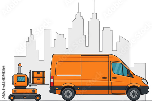 An orange delivery van and miniature excavator prepare for the final step of a construction project against a city skyline. Modern, graphic illustration. Perfect for business and logistics themes.