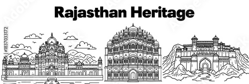 Rajasthan heritage icons Jaipur, hawa mahal, Jaisalmer fort for wall mural line art vector 
