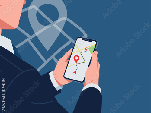 A professional man uses a smartphone to check a map, ensuring on-time arrival. Modern, business-oriented illustration with a focus on punctuality and navigation.