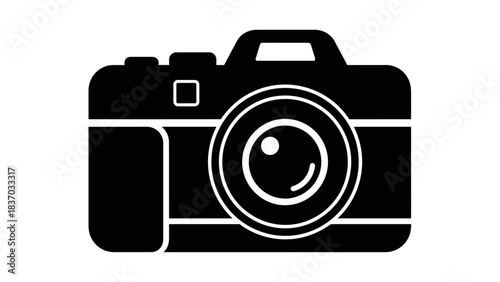 Black silhouette of a classic camera with a prominent lens, representing photography and visual media.