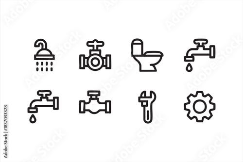 Faucet, toilet, and shower icons for home maintenance platforms and instructional graphics