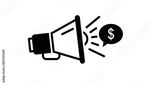 A black and white icon depicting a megaphone broadcasting a dollar sign, symbolizing financial promotion and marketing.