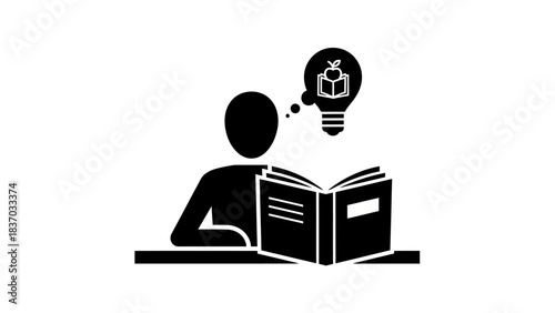 A stick figure person reading a book, with a lightbulb containing a book in a thought bubble above their head, representing learning and new ideas.