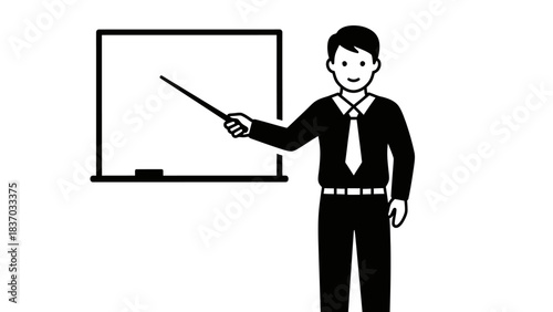 Black and white illustration of a man in a suit presenting with a pointer stick next to a whiteboard, depicting a business or educational setting.