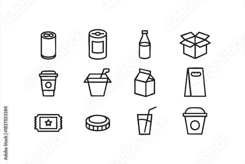 Minimal food and beverage packaging icons with cans, cups, cartons, and containers