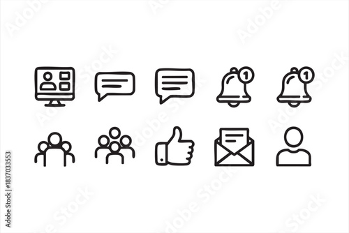 Minimal communication icons featuring inbox, alerts, video call, and chat elements