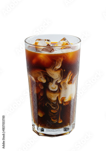Clear glass with iced coffee, large ice cubes, creamy white milk swirling into dark brown coffee creating a marbled pattern, transparent background, copy space. Concept for beverage advertising