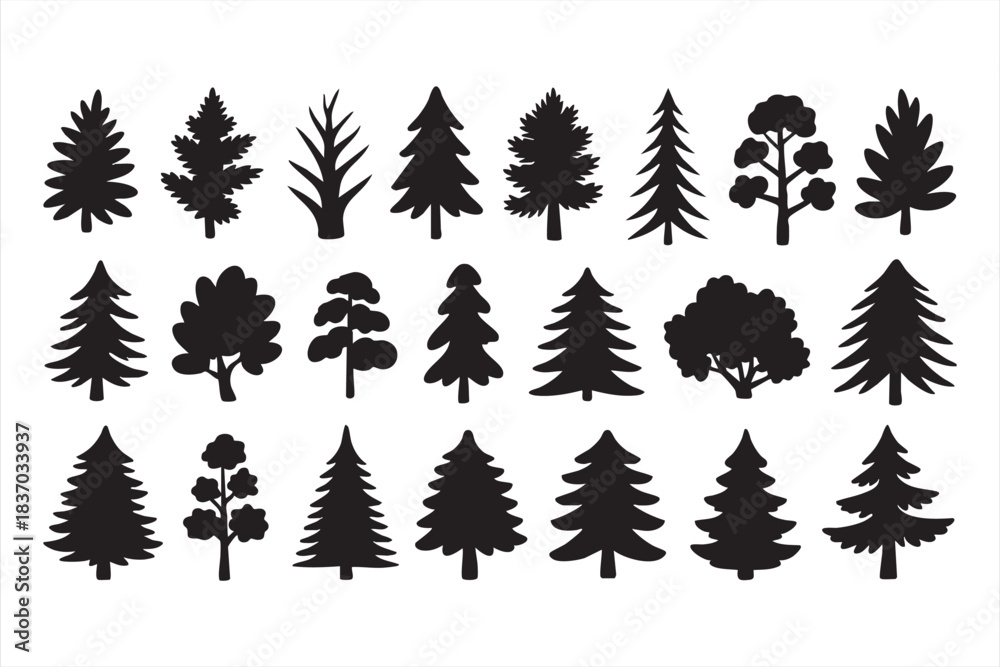 Fototapeta premium Evergreen and deciduous tree icons in bold solid style