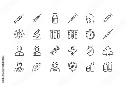 Clinical lab equipment and doctor icons in monoline style