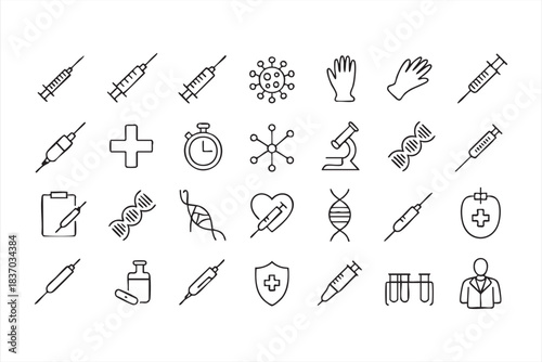 Vaccine, DNA, microscope, and lab equipment symbols