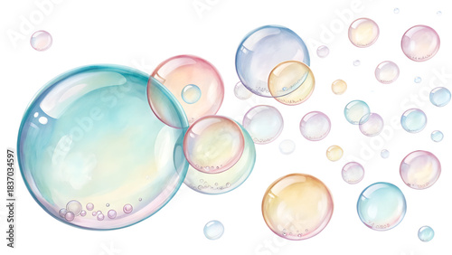 Colorful translucent soap bubbles of various sizes floating on a white background with a soft gradient appearance