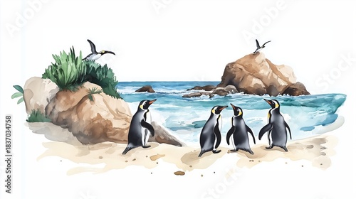 Boulders Beach Penguins. Boulders Beach Penguins hand drawn watercolor illustration on white background