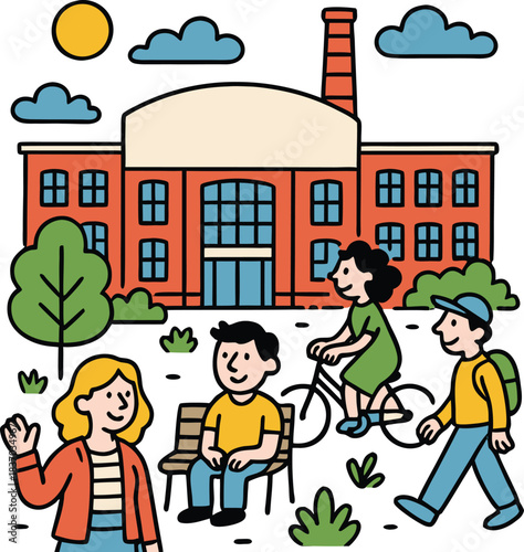 Happy worker walking together in the city and near factor