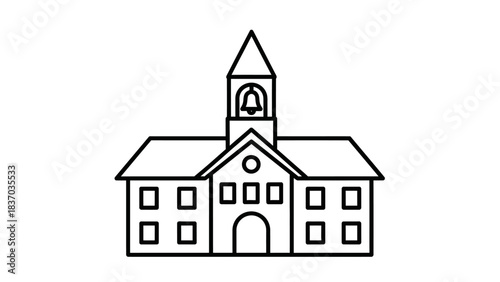 Line art illustration of a school building with a bell tower and multiple windows, depicting a classic educational institution.