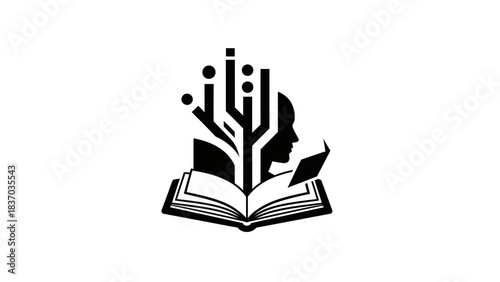 A black and white logo depicting an open book with a stylized tree of knowledge, digital data, and a human head silhouette.