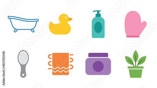 Cute Bathroom Icons Bathtub Rubber Duck Soap Mitt Brush Towel Cream Plant Vector Flat Design Collection for Kids and Home Hygiene