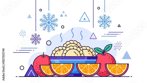 Winter Solstice food and festivities, with fresh fruit and delicate snowflakes adorning the scene