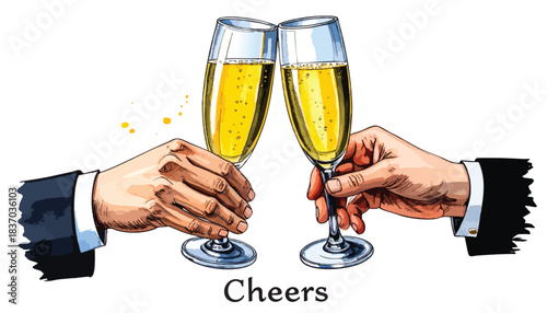 Two hands clinking champagne glasses, watercolor style