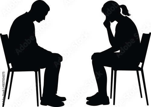 Silhouette, counseling, emotional support, mental health, therapy session, introspection, conversation, people, seated, serious posture, black and white, reflection, empathy, communication, psychology