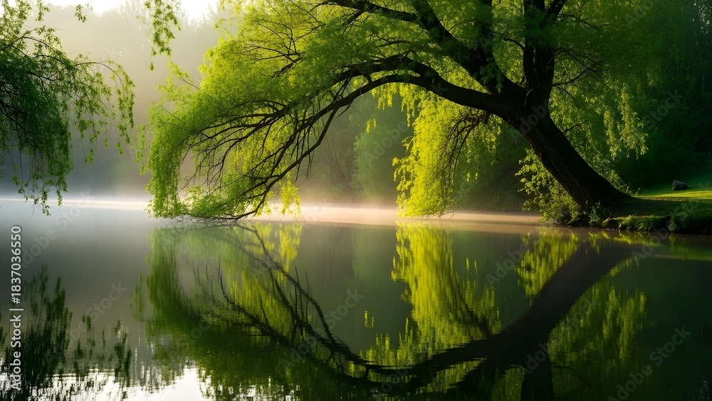Fototapeta premium Tranquilo paisaje natural verde, vista desde debajo de la sombra de los sauces a orillas del río con luz solar, Generative Ai