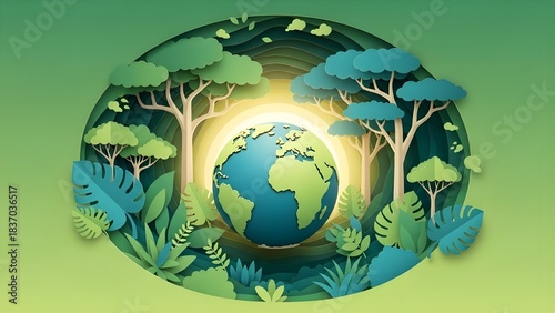 Día mundial del medio ambiente sobre fondo verde en estilo de corte de papel, Día de la Tierra.
 IA generativa