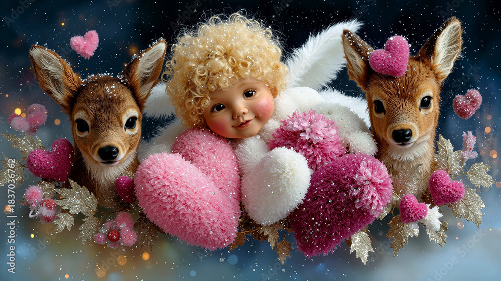 Obraz premium Cherubic Angel with Heart Motifs Amidst Whimsical Deer and Glittering Festive Background