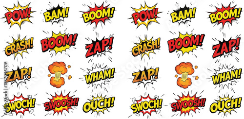 Comic sound effects, POW, BAM, BOOM, CRASH, ZAP, WHAM, SWOOSH, OUCH, explosion graphic, pop art, retro style, colorful typography