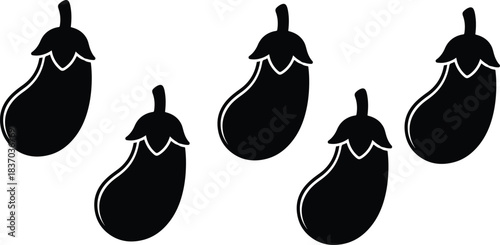 Eggplant silhouettes, vegetable icons, black shapes, food illustration, farming graphic, organic produce, healthy eating, garden design, agriculture vector, kitchen art