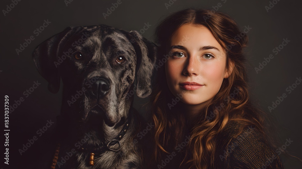 Obraz premium Woman stands next to a large black dog. The woman has a beautiful smile and her hair is styled in a bun. The dog is wearing a collar and he is well-behaved