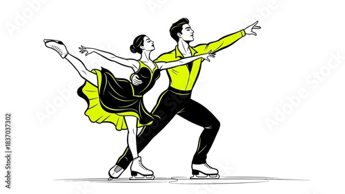 Dynamic pair of figure skaters executing a graceful, synchronized performance pose on the ice rink