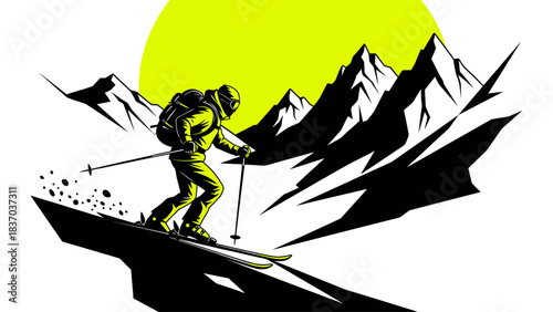 Dynamic backcountry skier expertly carves down steep, jagged mountain slope under bright neon sun