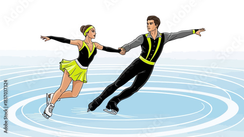 Dynamic figure skating pair executing a synchronized glide across the bright ice rink in vibrant neon costumes