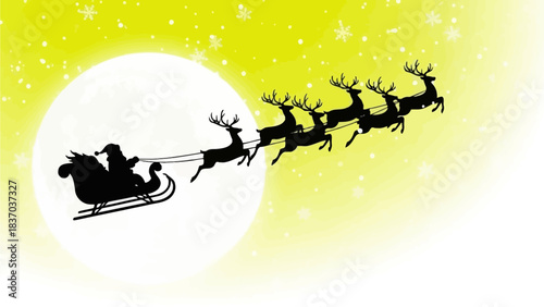 Stunning black silhouette of Santa Claus flying sleigh pulled by reindeer across a bright moonlit yellow winter night